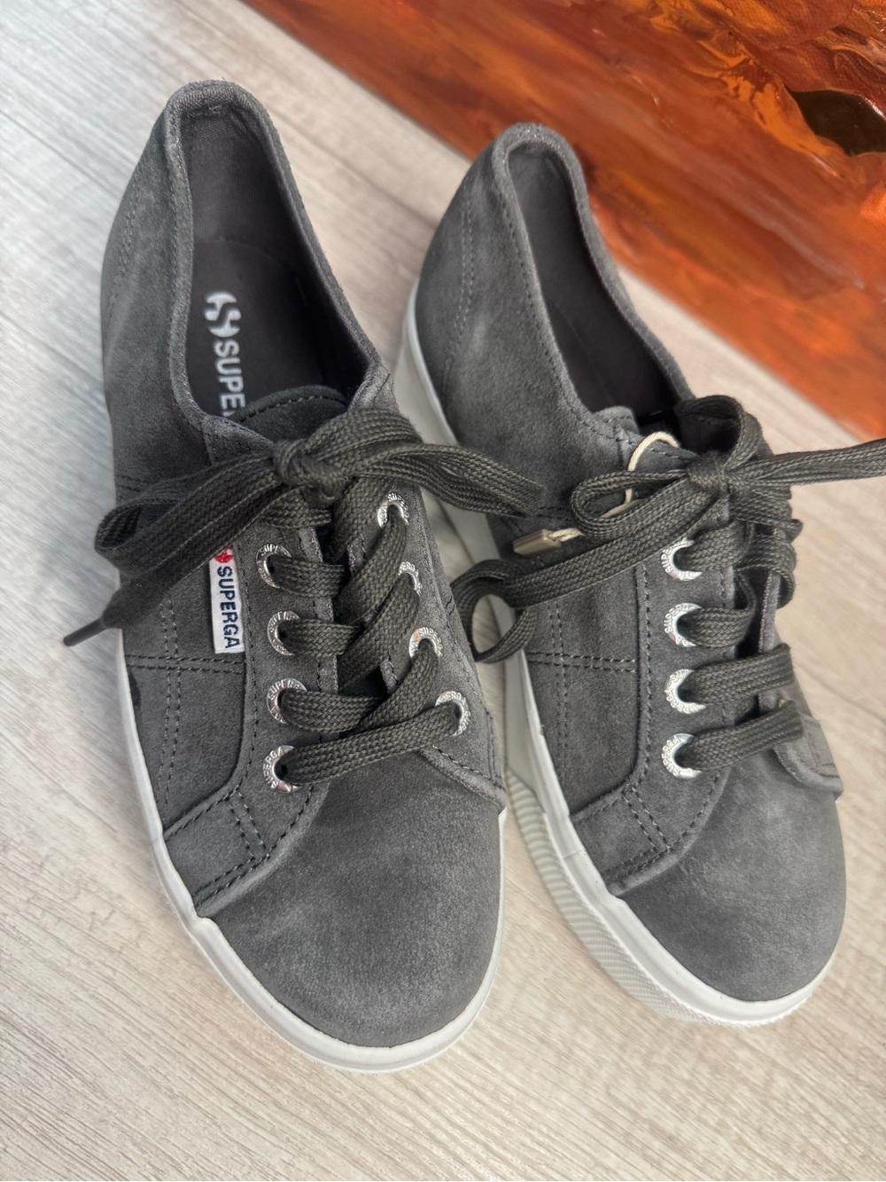 Superga Gray Suede Platform Lace-Up Sneakers Size 5 - Picture 2 of 9